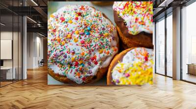 Easter cakes with white fondant and colorful topping Wall mural