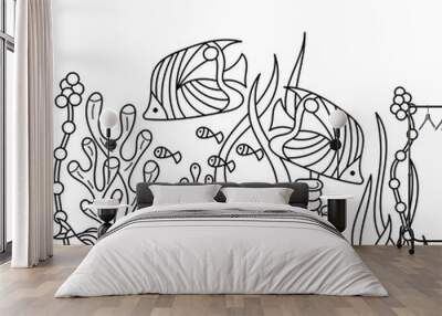 Coloring book for adults and older children. Marine vector motif . Doodles of the underwater world. Wall mural