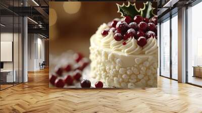 A white Christmas cake with a sprig of holly in the center. A simple background. Wall mural