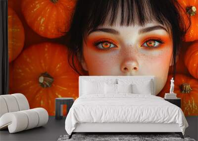 A young woman on a background of pumpkins. Wall mural