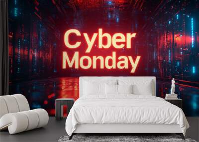 The concept of Cyber Monday. Online sale. Technological background. Microchips. Neon. A computer mouse. Wall mural