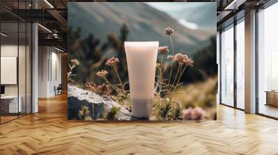 The concept of natural cosmetics. A mockup of a tube of cream on a background of mountain flowers. Wall mural