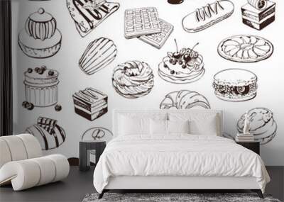 Hand drawn sketch with french dessert Wall mural