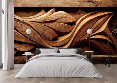 3 D render. Background of carved wood Wall mural