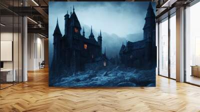 Background for a scary fairy tale background, a dark gothic castle in a dark dead valley, some kind of gray place in a gloomy area of a mountainous region. Wall mural