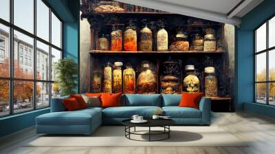 Chemical flasks and bottles on shelves. Mysticism, magic, science, chemistry. Digital art Wall mural