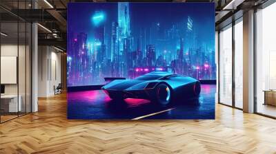 Futuristic cyberpunk city. Concept sci fi downtown at night with skyscraper, highway and billboards. 3D illustration. Wall mural