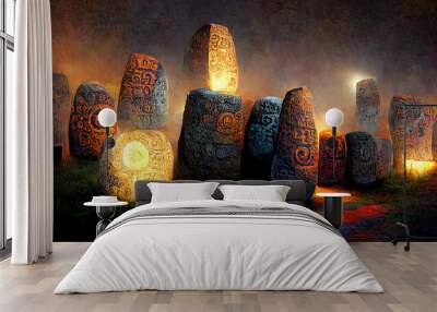 Runes, stone, cuneiform, Celtic patterns, magic books. Artifacts. Ai. Wall mural