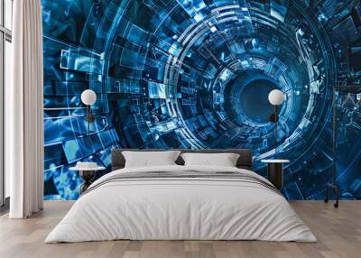 Abstract futuristic blue vortex design with intricate geometric patterns and digital elements. Ideal for technology, innovation and sci-fi themes Wall mural