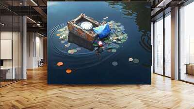 Environmental disaster. Litter box floats in water among flowers. Threat to environment. Pollution rivers, lakes, seas and oceans. Generative AI, illustration Wall mural