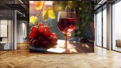 Glass of red grape wine stands on table in sunlight, bunch of grapes is next to it. New harvest. Generative AI Wall mural