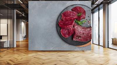 Beef Tenderloin fillet with rosemary and spices. Preparing fresh beef steak ready to cook, Long banner format. Restaurant menu, dieting, cookbook recipe. place for text. top view Wall mural