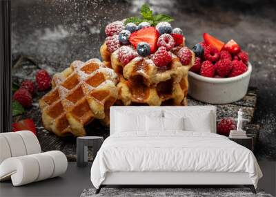 Belgian waffles with raspberries with sugar powder in a freeze motion of a cloud of powder midair, served with jug of milk. Delicious breakfast or snack Wall mural