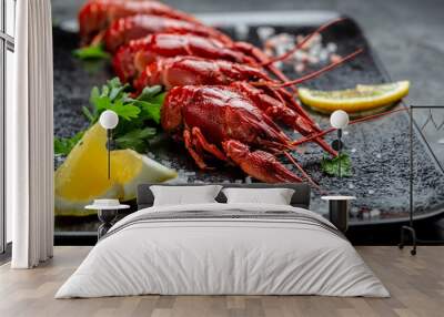 Boiled cooked crayfish crawfish with lemon and salt, banner, menu, recipe place for text Wall mural