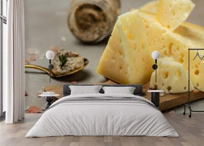 cheese with holes and truffle paste. Food recipe background. Close up Wall mural