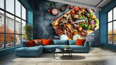 delicious grilled meat with vegetable. Mixed grilled bbq meat with vegetables on wooden platter. Restaurant menu, dieting, cookbook recipe top view Wall mural