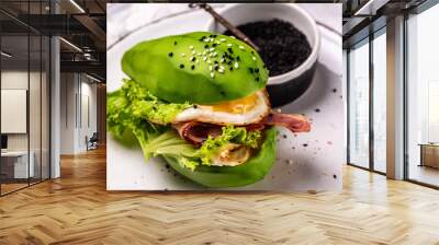 diet breakfast. avocado burger with fried eggs, bacon and fresh salad. Ketogenic diet breakfast. Keto, paleo lunch Wall mural