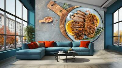 Duck breast with oranges and thyme on a light background top view. copy space Wall mural