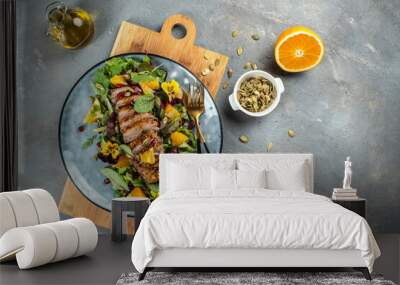 duck salad with citrus on plate. Menu, recipe mock up, banner. copy space for text. top view Wall mural