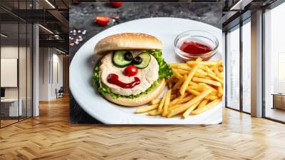 food for children. tasty burger with french fries, ketchup. Food recipe background. Close up Wall mural