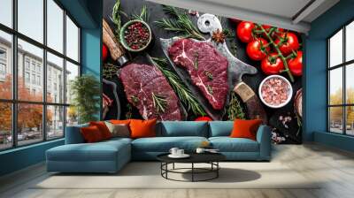 Fresh raw Prime Black Angus beef rump steak or top sirloin beef meat steak served on old meat butcher on black background. Top view Wall mural