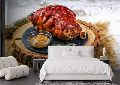 German food concept. Roasted Pork knuckle with sauerkraut. Cooking Bavarian pork knuckle Wall mural