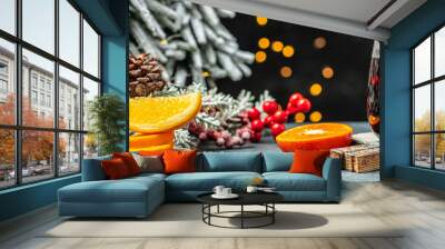 glasses of mulled wine, Christmas winter alcohol drinks decorated by christmas lights, Long banner format Wall mural