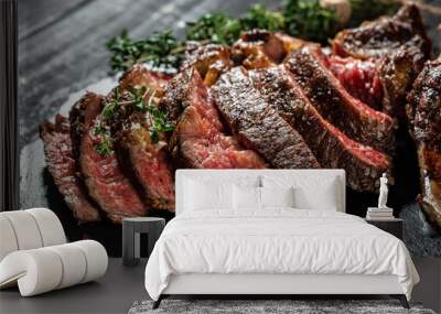 Grilled sliced beef steak with red wine. banner, menu, recipe copy space, top view Wall mural