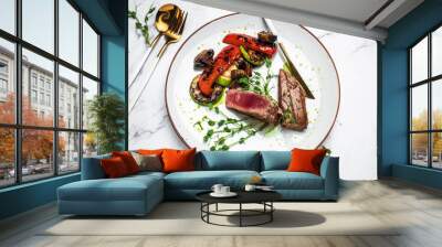 Grilled tuna with spice. tuna steak with vegetables. tuna grill seafood fried barbecue fish grilled. diet vegetarian fish dish, Ketogenic, keto or paleo diet lunch, Healthy food trend. Top view Wall mural