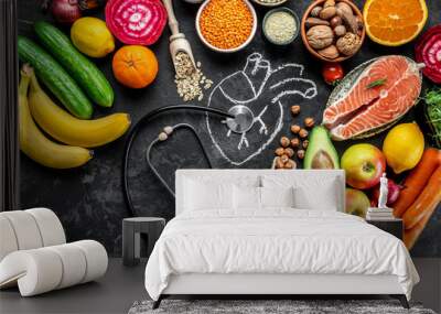 heart healthy diet products. Detox and clean diet concept. place for text, top view Wall mural