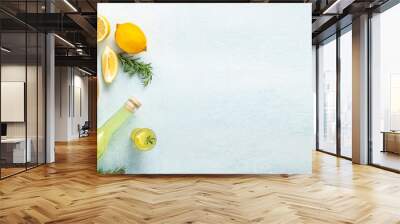 limoncello. traditional strong alcoholic drink and lemons. Long banner format. top view Wall mural