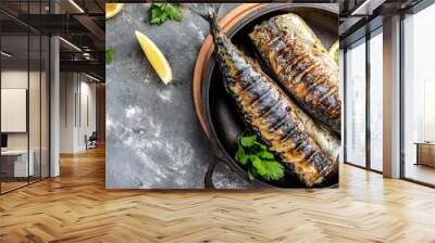 Oktoberfest menu. Grilled mackerel fish with lemon herbs and spices, Long banner format, top view Wall mural