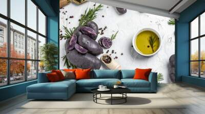 Organic purple sweet potato. Raw sweet potatoes or batatas. pomoea batatas. Batata potato, vegan food ingredient. banner, menu, recipe place for text, top view Wall mural