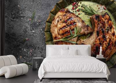 Pork chop steak on metal tray. Organic food. Fresh pork meat. Restaurant menu, dieting, cookbook recipe Wall mural