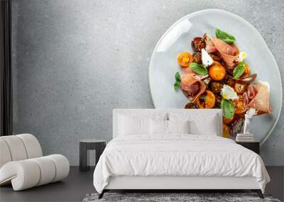 salad of fresh colored cherry tomatoes with olive oil and balsamic vinegar. Long banner format. top view Wall mural