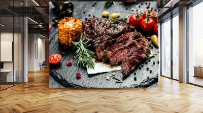 Sliced grilled meat steak Rib eye medium rare. Food recipe background. Close up Wall mural