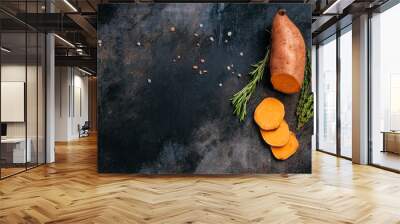 sweet potatoes. vegan food ingredient. raw sweet potatoes or batatas. place for text, top view Wall mural