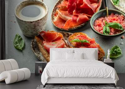 toasted bread with jamon cured ham and tomatoes for breakfast. Restaurant menu, dieting, cookbook recipe top view Wall mural