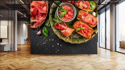 toasted bread with jamon cured ham and tomatoes for breakfast. Restaurant menu, dieting, cookbook recipe top view Wall mural