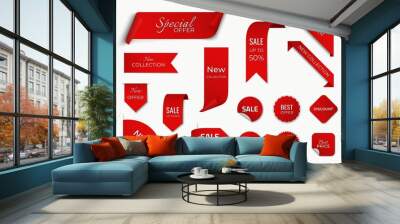 set of red sale label with discount offer. promotion label design. isolated vector tag images Wall mural