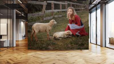 girl and sheep Wall mural