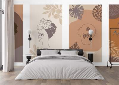 african background.vector set of posters with afro woman in minimalistic style. plants, abstract sha Wall mural