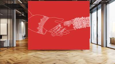 Wedding indian invitation card ceremony white lines .India marriage template.Beautifully decorated Indian bride hand.Close-up of groom holding brides hand.Indian bride with mehandi in hand in vector Wall mural