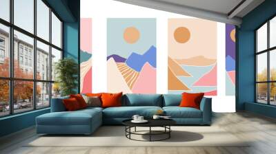 Collection of rectangular abstract landscapes. Sun, mountains, waves. Japanese style. Modern layouts, fashionable colors. Layouts for social networks, banners, posters. vector illustration Wall mural