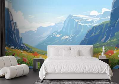 A beautiful landscape with mountains in the background and a field of flowers Wall mural