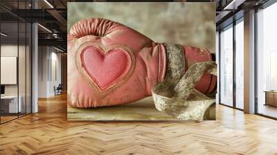 An endearing image of a pink boxing glove adorned with a heart design, accompanied by a textured ribbon, symbolizing love, strength, and the blend of soft and strong elements. Wall mural