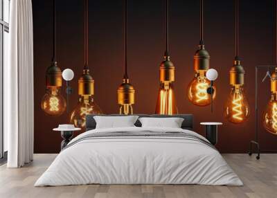 decorative antique edison style light bulbs, different shapes of retro lamps on dark background. int Wall mural