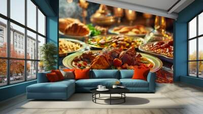 Eid celebration with traditional dishes, 4K hyperrealistic photo Wall mural