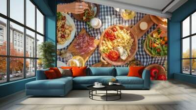 Friends enjoying a picnic for National Pasta Day, October 17th, homemade pasta dishes and good company, 4K hyperrealistic photo. Wall mural