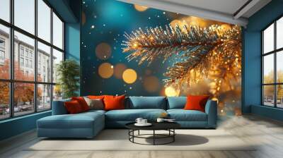 Glittering tinsel draped over a Christmas tree branch, with each strand reflecting light and adding a shimmering texture. 4K hyperrealistic photo. Wall mural